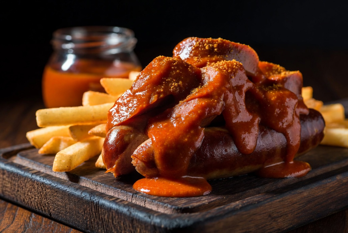 Currywurst with curry powder and fries