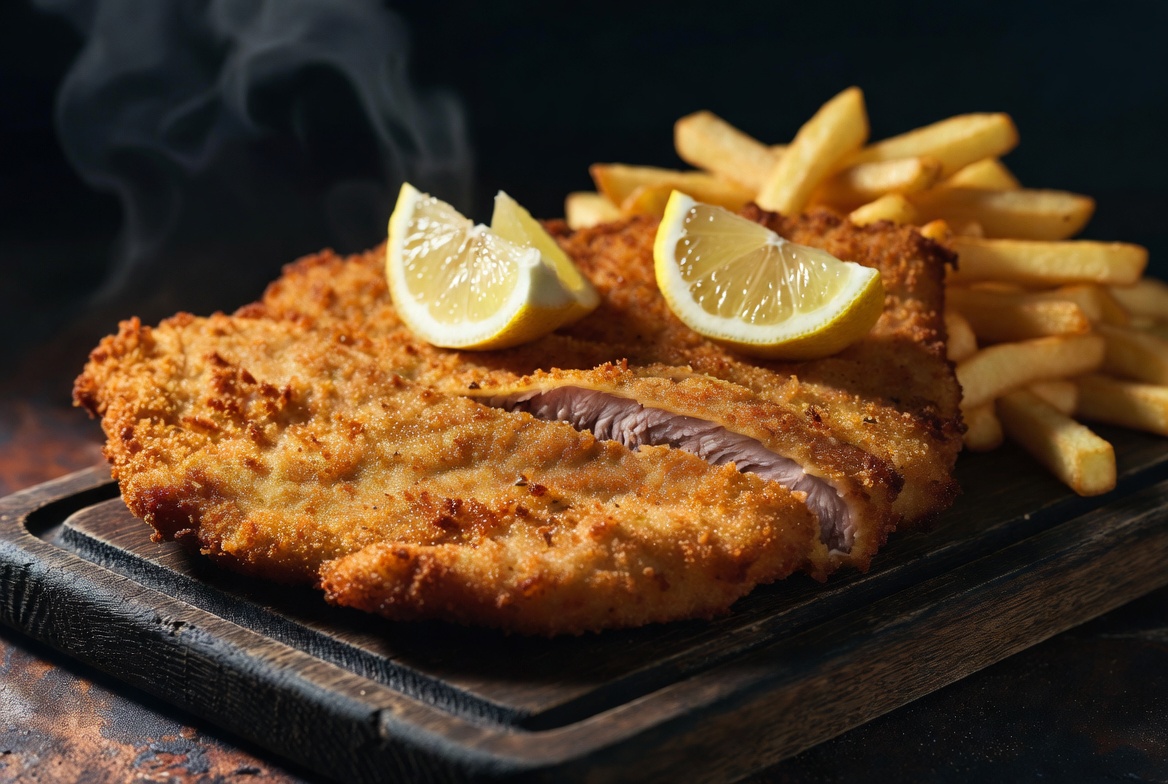 Breaded schnitzel with lemon and fries