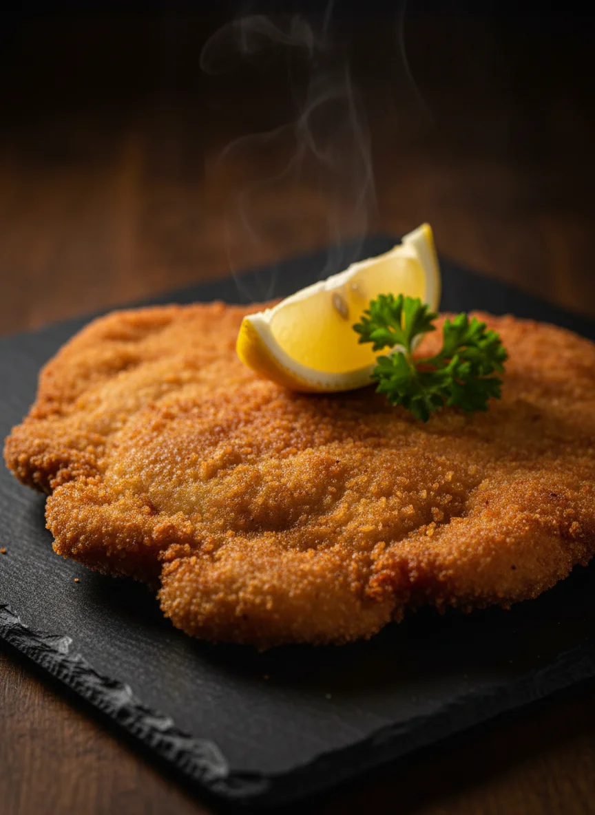 Knusprig paniertes Schnitzel mit Zitronenscheibe und Pommes